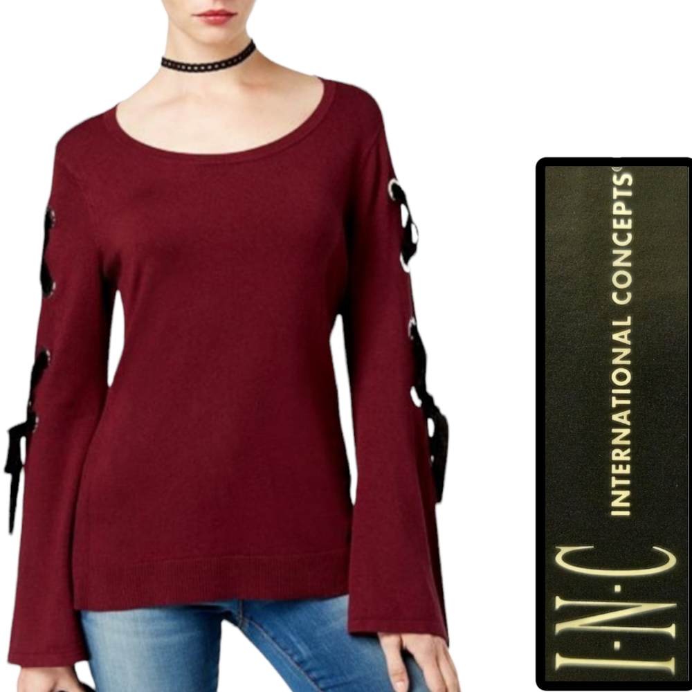 Grommet velvet lace up bell sleeved sweater
